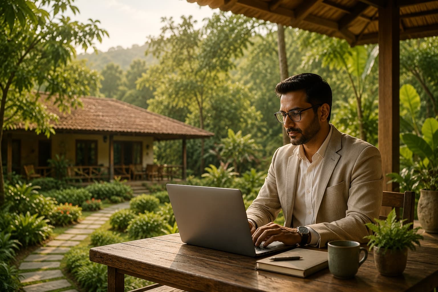 A business owner working on a laptop in the greenery of the Prānaa farmstay